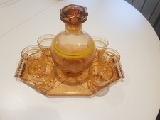 Ancien Service A Liqueur art déco  En Verre Rose Moulé Années 40  / 50 ROSALIN