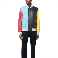Hommes Color Block Lambrissé Veste Cuir Perfecto Rouge Jaune Bomber en Cuir