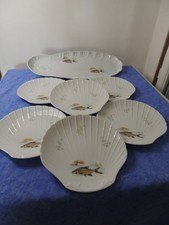 ANCIEN SERVICE A POISSON PORCELAINE LIMOGES 1 PLAT  6 ASSIETTES FORME COQUILLAGE