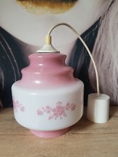 🌸 ANCIEN LUSTRE RÉTRO BLANC FLEURS ROSE PASTEL VERRE OPALINE VINTAGE 🌸