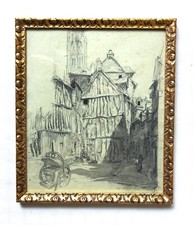 Dessin encadré d'Eugène Véder "Rouen. La aison penchée".  Fin 19e.