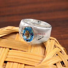 Naturel Bleu Gemme Topaze Avec 925 Bague en Argent pour Homme #264