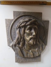 tête christ sur croix ancien en bronze sculpture bas relief épais