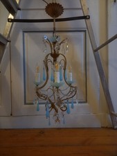 Ancien Petit Lustre Murano, Metal Doré Pampilles Opalines Bleues