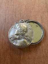 ANCIEN Pendentif Miroir décor femme et fleur LELEU Deposé Diamètre 35mm
