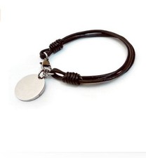 BRACELET CUIR marron charm's Plaque ACIER rond élégant homme classique 19 20 cm