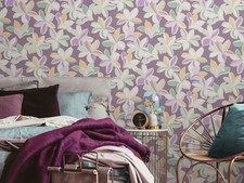 Papier Peint Floral Avec Motif Brillant – Violet, Or, Vert