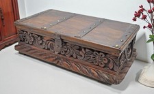 Coffre Au Trésor En Bois Antique Original Ancien Sculpté À La Main Avec Métal