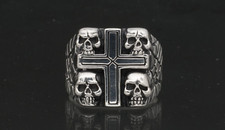 Homme Biker Tête de Mort Croix Carré Chevalière Argent Massif 925 Taille US 12