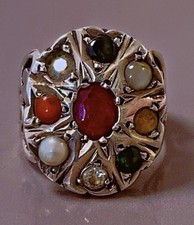 Ancienne bague argent saphir grenat corail rubis Navaratna ring silver gems