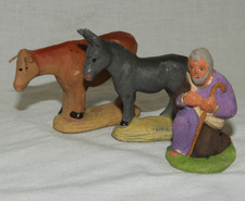 Lot de 3 petits santons en terre cuite - Crèche de Noël (vache, âne, berger)