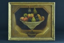 Tableau ancien trompe l’oeil coupe fruits verre Nature morte alcôve feinte 19ème