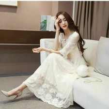 Femmes Dentelle Robe Mi-Longue Maille Ruche Floral Carré Col Soirée Rétro Fairy