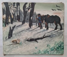 Tableau expressionniste daté 1946 . huile 26cm x 30,5cm  "Paysan et son cheval"