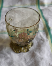 VERRE EMAILLE ROSE BLEU BLANC OR  COULEUR FUME LISERET OR PIED FLEUR HAUT 6,5 cm