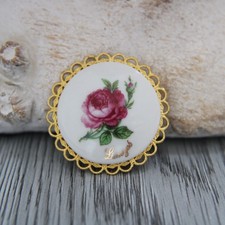 3,8 cm, broche en porcelaine de Limoges, broche vintage décor rose