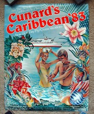 Original 1980s CUNARD LINE - CARIBBEAN Travel Poster airline cruise ship art