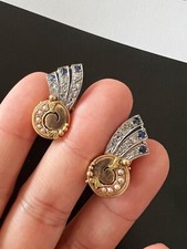 French Art Deco era 18K gold diamond blue sapphires shooting star clip earrings