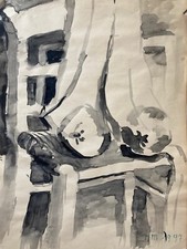 Nature Morte Avec Chaise, Tissu Et Fruits Atelier 47 X 34 CM Art Moderne Anonyme