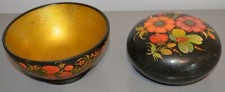 Boîte à Bijoux  et Bol en Bois Laqué Rond Ancien URSS Motif Fleur 