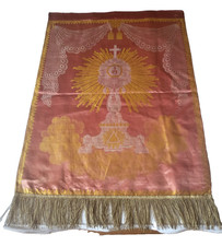 Ancienne bannière liturgique en lampas de soie fin XIXème 53x77cm banner