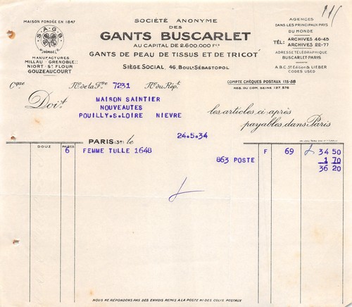 Facture 1934 societe anonyme - ,