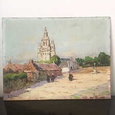 Robert Giovani Tableau Début XXè Village Breton avec Bretonnes Bretagne Painting