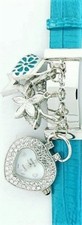 GENEVA Argent Breloque+Cristaux Forme Coeur, Bleu Turquoise Verni Cuir Montre