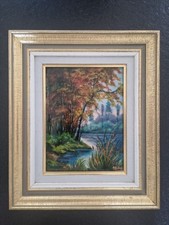 René Restoueix Plaque en émail de Limoges Bord de rivière émaux tableau peinture