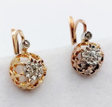 Dormeuses antique or rose 18k et 0,10 carats diamant sertis fleurs de lys (1900)