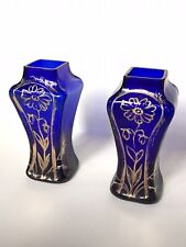 PETITS VASES À FLEURS ANCIENS EN VERRE BLEU OR ART NOUVEAU VERS 1900 (LA PAIRE)