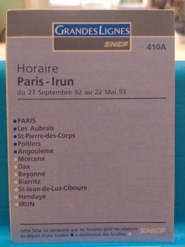 Horaires paris irun 1992 - horaires, 1992/93
