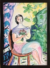 Bernard ROLLAND,né en 1954.Femme au bouquet,2021.Encre et Aquarelle.SBD.Cadre