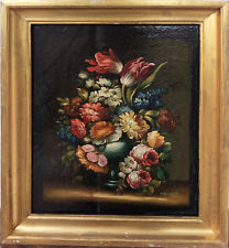 petit tableau peinture huile sur toile,  bouquet de fleurs diverses, 28x21 cm