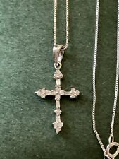 OR BLANC 14K DIAMANTS BAGUETTES CROIX PENDENTIF CHAÎNE COLLIER ANCIEN