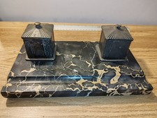 Magnifique Ancien Encrier Avec Socle En Marbre En Encrier En Métal Argenté 30's