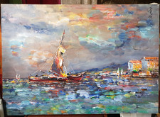 Grand Tableau ancien au soir Golf de St.Tropez Huile Sur Toile  signée