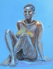Grand Dessin Original Pastel Nu Féminin Femme Noire Africaine #1