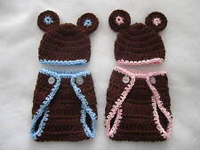 2-Pc Crocheted BEAR Diaper Cover and Hat set in 3 sizes=Micro, Preemie, Newborn 