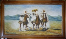 Grand tableau huile Orientalisme " Fantasia " cavaliers arabes signé et encadré