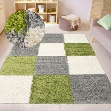 Tapis shaggy moderne à poils longs design carreaux turquoise gris crema