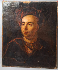tableau ancien epoque XVIII eme portrait d'homme au bonnet signé carle van loo