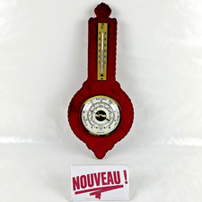 ➜Baromètre thermomètre TISSU ROUGE ancien vintage instrument météo anéroïde 35cm