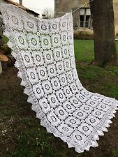Vintage French White Heavy Hand Made Cotton Crochet Bed Cover Throw 8ft x 6ft