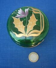 V65 Jolie Petite Bonbonnière Verre Vert Emaillé décor fleurs