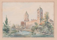 W. Krick - Église Vue De La Ville Aquarelle Dessin 1930