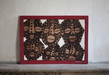 Tableau vintage panneau bois peint, tableau signé, visage africain, pyrogravure