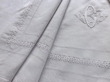 drap, pur fil de lin, mono CK, 2.36 m X 2.95 m, ancien