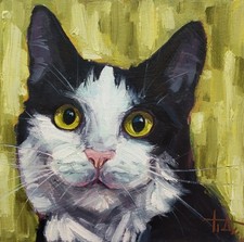 Peinture à l'huile originale portrait chat noir et blanc 6x6 pouces avec...