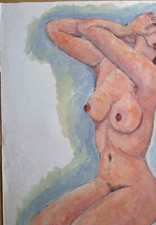 HUILE SUR PAPIER, Nu contemporain par J Roland. HP243